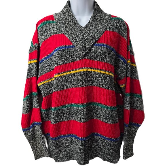 Gitano Wrap Neck Ski Sweater M Women Pullover Preppy Boxy Red Stripe Vintage 80s - Picture 2 of 6